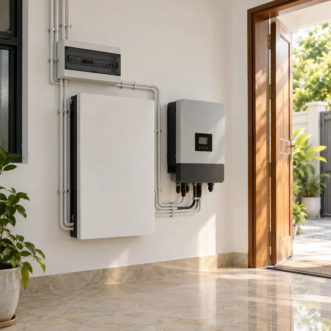 Pin lưu trữ và inverter hybrid lắp trên tường nhà ở