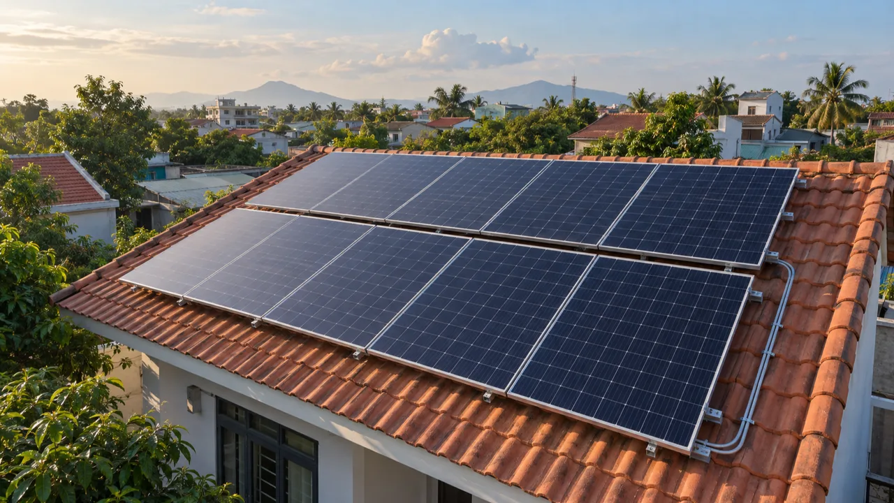 Rooftop solar array on a Vietnamese family house