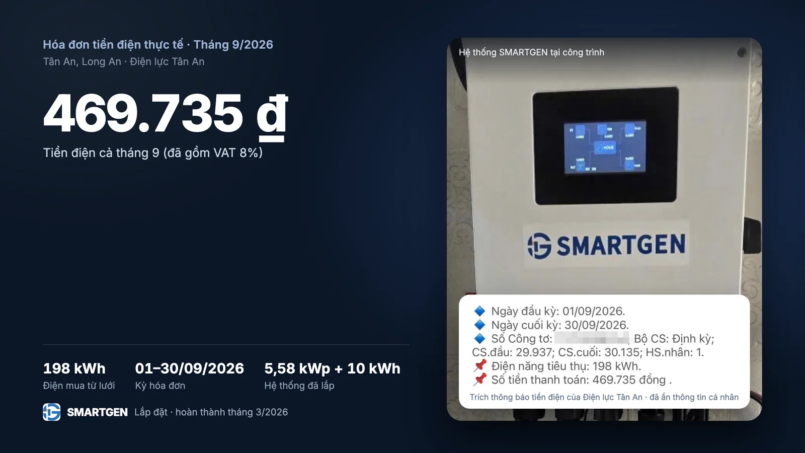Hóa đơn tiền điện tháng 9/2026 của công trình tại Tân An, Long An: 198 kWh, 469.735 đồng